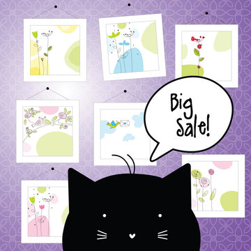 Big spring sale. Floral greeting cards. Cat character. Background template. Design elements. Pictures.