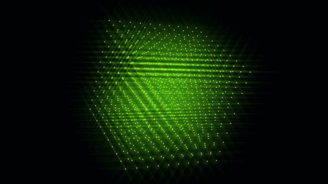 3d cube of green glowing particles rotating on a diagonal on a black background.. Animation of seamless loop