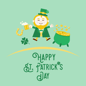 Flat design, Illustration of St Patrick's day Leprechaun with beer and pot of gold, vector