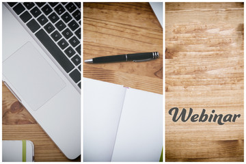 webinar, pc on wooden desk