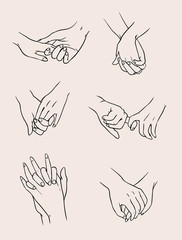 Set of lovers couples holding hands. People in love. Collection isolated illustration.
