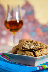 Closeup of Italian cantucci biscuits on a blue napkin