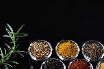 Various of spices in bowls