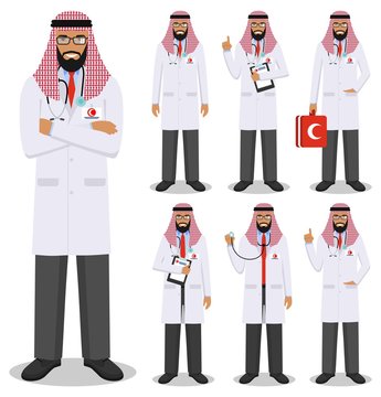 Medical concept. Detailed illustration of young muslim arabian doctors in flat style isolated on white background. Practitioner arabic doctor man standing in different positions. Vector illustration.