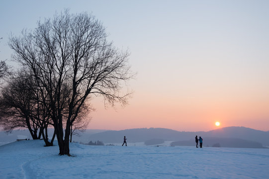 Fun models of airplanes, sunset in the mountains, winter