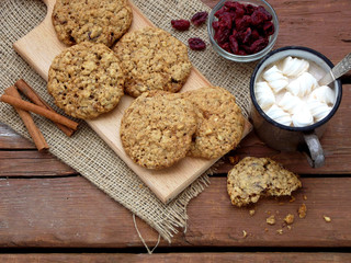 Flourless gluten free peanut butter, oatmeal, honey, dried fruits cookies and cup of cocoa with marshmallows on wooden background. Horizontal. Copy space