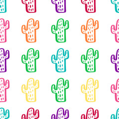 Colorful seamless pattern with cactus. Hand drawing of black ink on a white background. Vector Image.