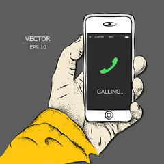 Smartphone in hand. Vector illustration of calling displayed on the phone screen. Vector illustration