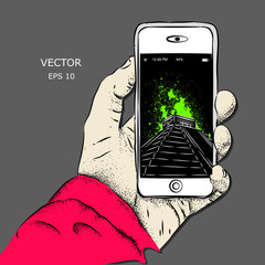 Smartphone in hand. Vector illustration of Aztec pyramid pyramid displayed on the phone screen. Abstract theme of travel