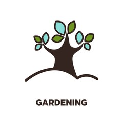 Tree with green and blue leaves growing from earth logo