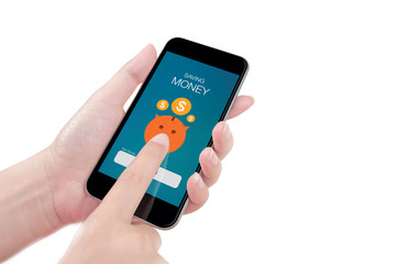 Woman hand holding the phone with saving money screen on white background, isolated
