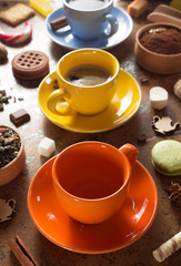 cup of coffee, tea and cacao at