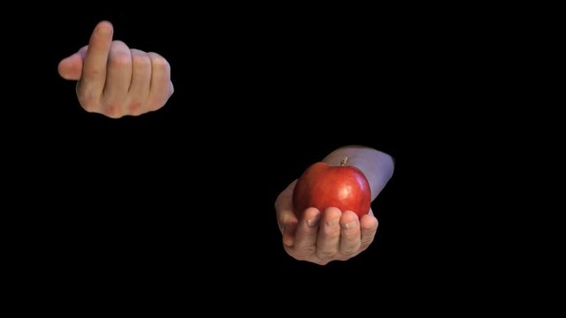 Original sin interpretation - apple and two hands on black