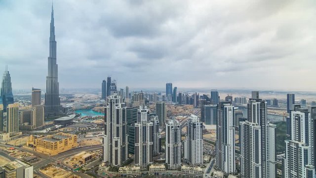Beautiful panoramic skyline of Dubai timelapse, United Arab Emirates. View of world famous skyscrapers.
