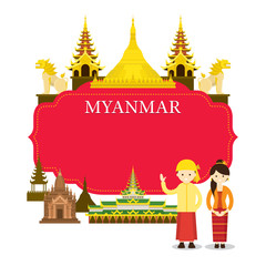Myanmar Landmarks, People in Traditional Clothing, Frame, Culture, Travel and Tourist Attraction