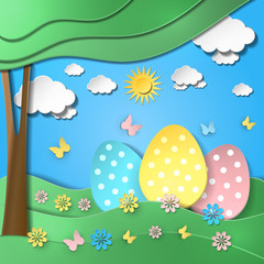 Fototapeta na wymiar Easter background with eggs in grass