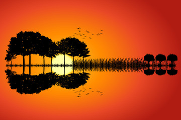 Naklejka premium Trees arranged in a shape of a guitar on a sunset background. Music island with a guitar reflection in water. Vector illustration design.
