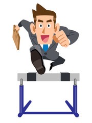 ビジネスマン　眼鏡　ハードル　笑顔　余裕
