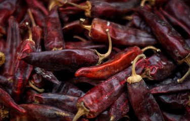 Dried red hot chili peppers are lying in a heap, glitering with different shades of red