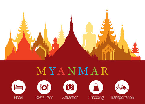 Myanmar Landmarks Skyline with Accommodation Icons, Cityscape, Travel and Tourist Attraction