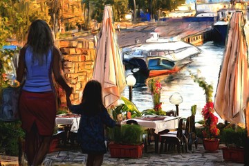 Obraz premium silhouette of woman and child walk in town of Nesebar, art lines and watercolors painting background