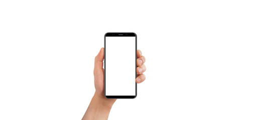 Isolated male hand holding black modern phone, on white background