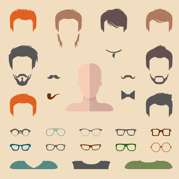 Big vector set of dress up constructor with different men glasses, beard, mustache, wear etc. Flat faces icon creator.