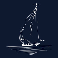 Sailing boat or ship in the ocean in ink line style. Vector hand sketched yacht. Marine theme design. © vladayoung