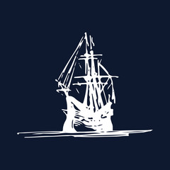 Sailing galleon ship in the ocean in ink line style. Vector hand sketched old warship. Marine theme design. - obrazy, fototapety, plakaty