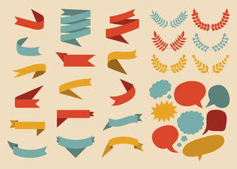 Beg vector set of ribbons, laurels, wreaths and speech bubbles in flat style.