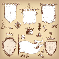Vector hand drawn collection of heraldic templates: shield, flag