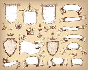 Vector hand drawn collection of heraldic templates: shield, flag - 139439189