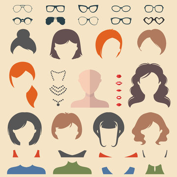 Big vector set of dress up constructor with different woman haircuts, glasse etc. Female faces icon creator.