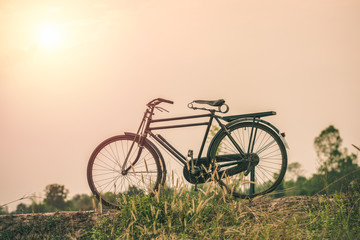Naklejka na ściany i meble Landscape picture Vintage Bicycle with Summer grass field at sunset ; vintage filter style.classic bicycle,old bicycle style for greeting Cards ,post card