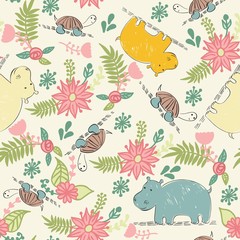 Vector seamless pattern with cartoon animals and flowers