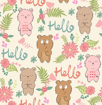 Vector seamless pattern with bears and flowers