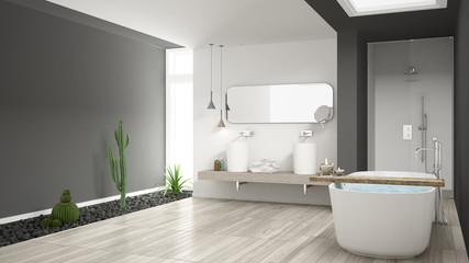 Fototapeta na wymiar Minimalist white bathroom with succulent garden, wooden floor and pebbles, hotel, spa, modern interior design