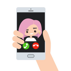 Incoming call from pink hair subcultural girl / editable flat vector illustration