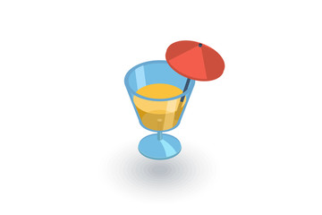 cocktail glass umbrella, juice drink, isometric flat icon. 3d vector colorful illustration. Pictogram isolated on white background