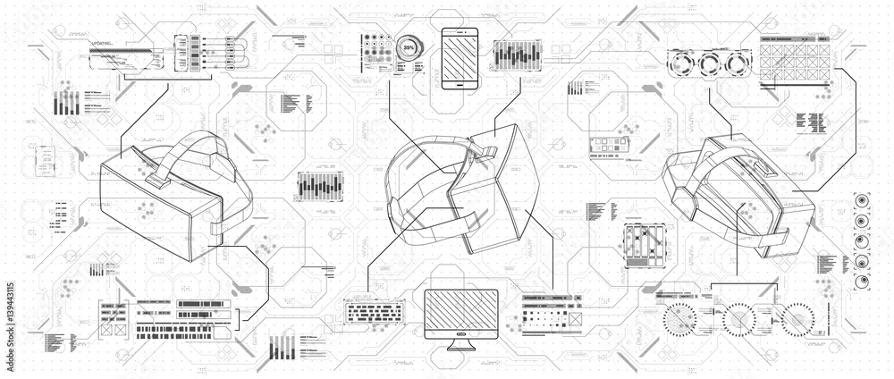Poster HUD ui for virtual reality glasses. Futuristic user interface for app and web. Head-up display infographic, set elements for motion design.