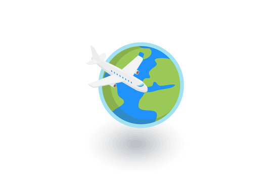 Earth Planet. Plane trip around the world isometric flat icon. 3d vector colorful illustration. Pictogram isolated on white background