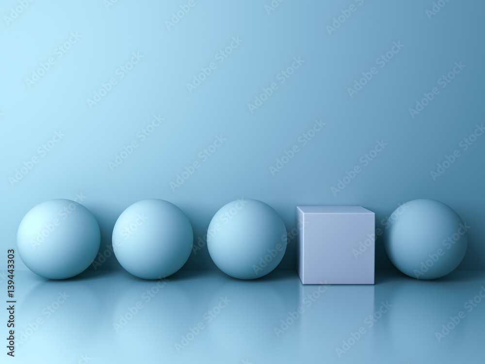 Fototapete Stand out from the crowd and different creative idea concepts , One white square box standing among blue spheres on blue background in the row with reflections and shadows . 3D rendering.