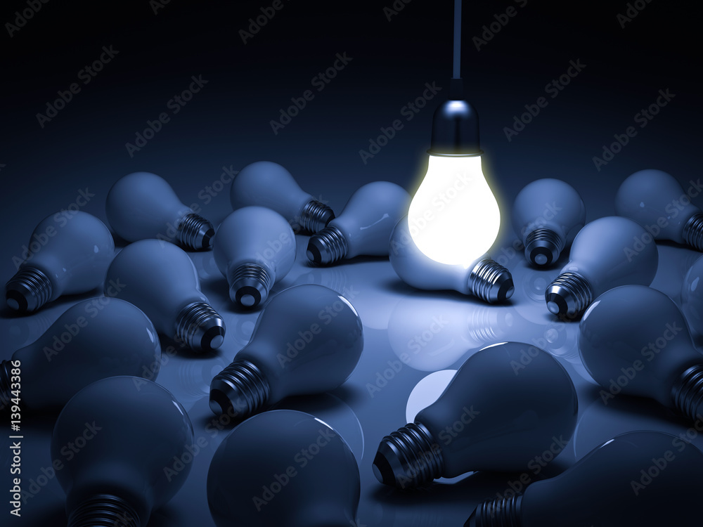 Poster One glowing hanging light bulb standing out from the unlit dead incandescent bulbs with reflection , leadership and different business creative idea concept. 3D rendering.