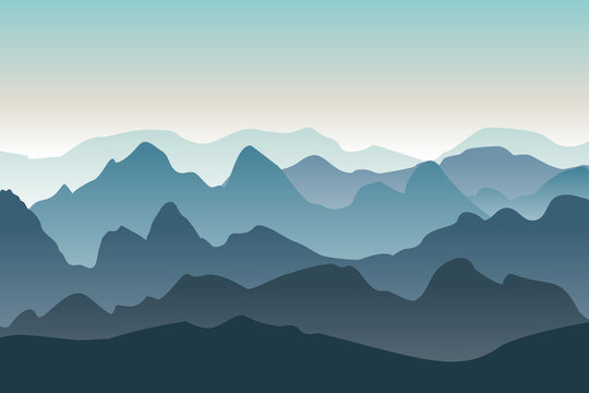 Mountains vector landscape. Nature background in the morning. Peaked mountain ranges.