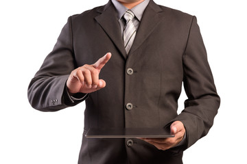 Business man working with a digital tablet hand pointing on empty space