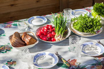 Rustic dinner outside. Russian village.