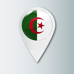 Pointer with the national flag of Algeria in the ball with reflection. Tag to indicate the location. Realistic vector illustration.