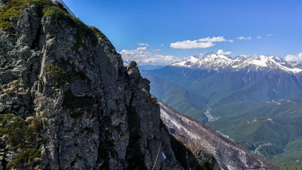 Panoramic view of the Caucasus Mountains. Krasnaya Polyana, Sochi, Russia. 