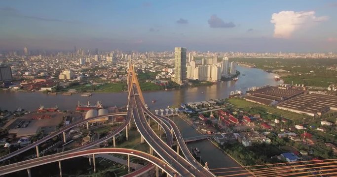 Bhumibol Bridge and Bangkok City Aerial Drone Shot
