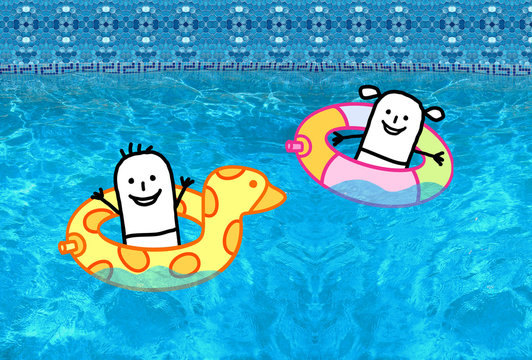 Cartoon character - Kids with buoys in swimming pool